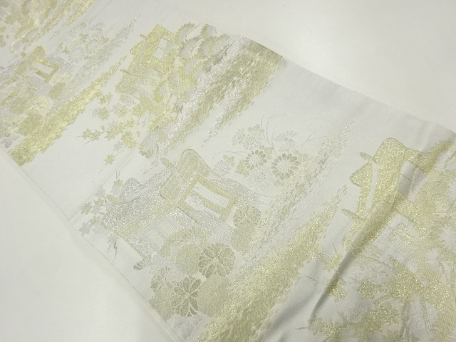 JAPANESE KIMONO / ANTIQUE FUKURO OBI / WOVEN CARRIAGE WITH PINE & KIKU